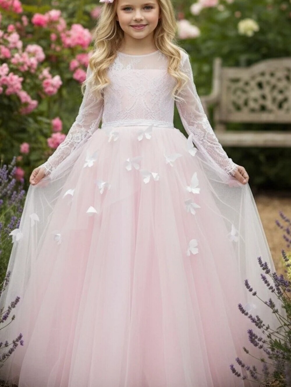 3D Pink Tulle Flower Girl Gown